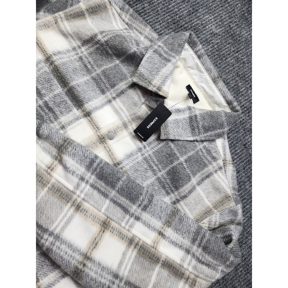 Express Mens Plaid Flannel Shirt Jacket Grey White Fleece Lined XL New